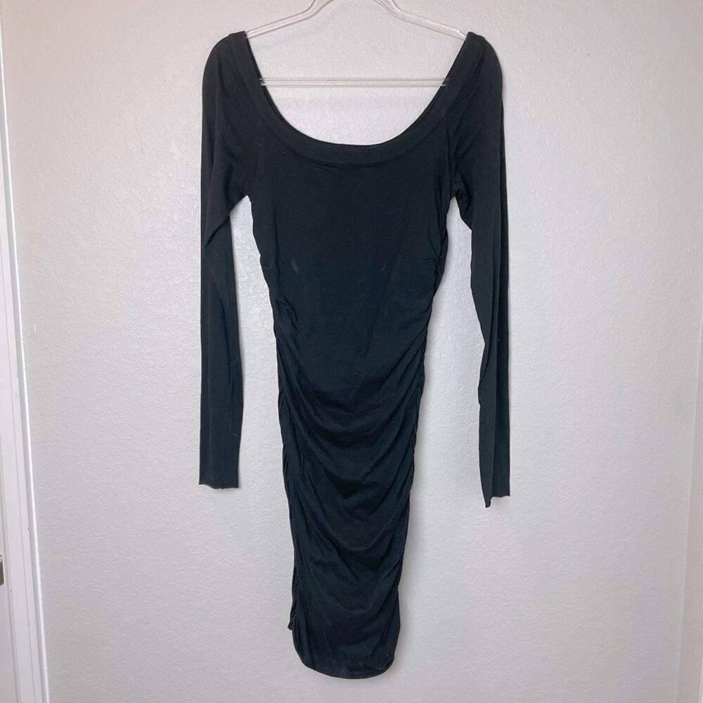 VELVET Black Gathered Fitted Midi Dress w/Long Sleeves Size M